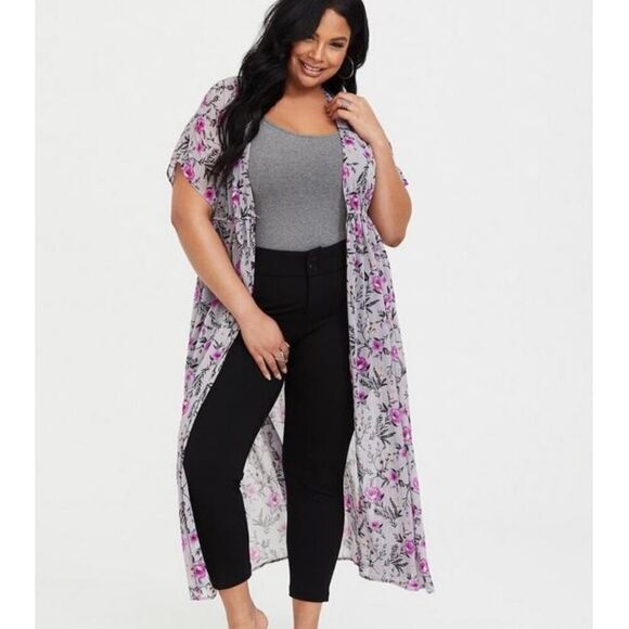 Torrid Gray Flower Sprig Lurex Duster Kimono Size 1/2 - Picture 1 of 10
